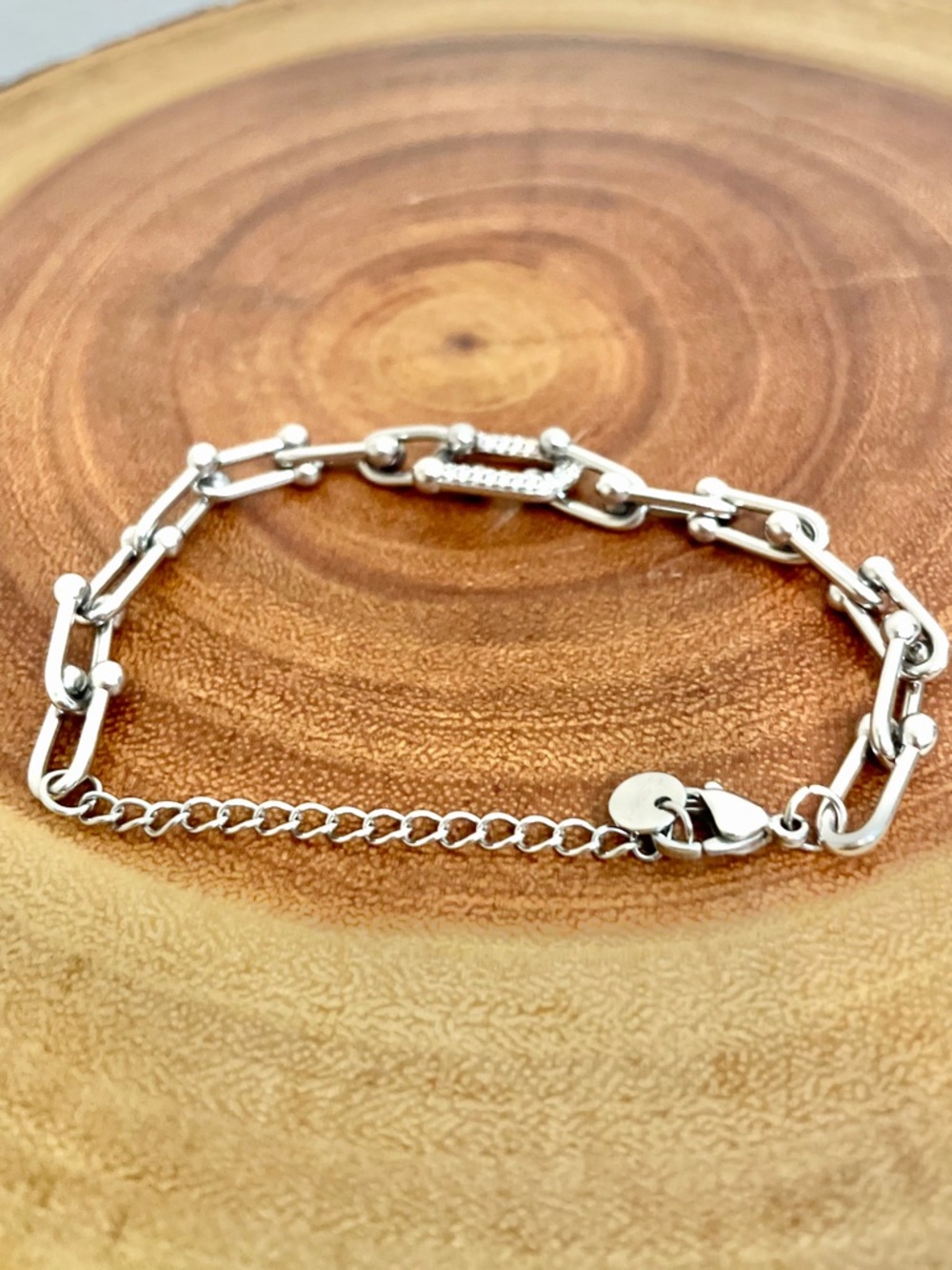 Designer Inspired Link Hardware Bracelet CZ Pave Accents in Stainless Steel NWOT - Picture 4 of 4
